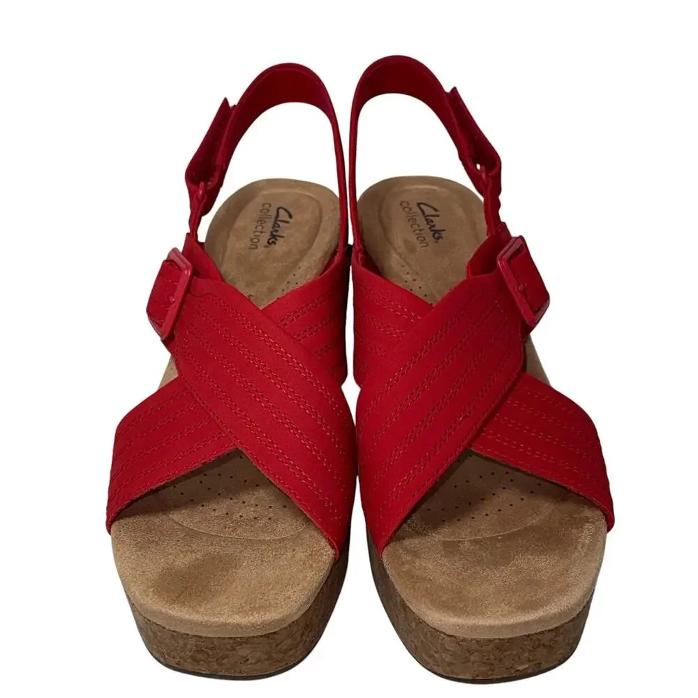 Clarks Collection Nerisa West Buckle Wedge Sandals Cherry Nubuck SZ/12 M